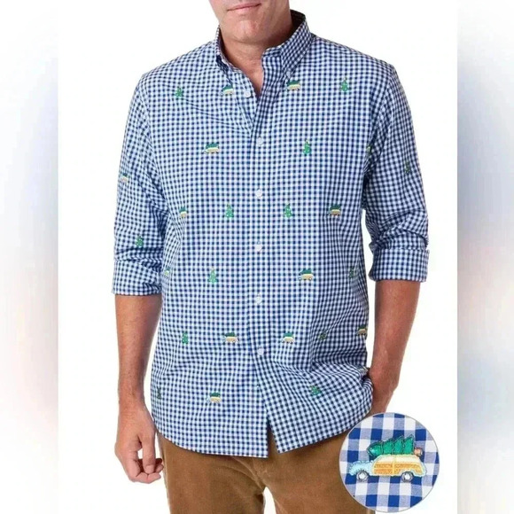 Castaway Nantucket Island Wharf Blue and White Gingham Embroidered Button-Down - Picture 1 of 8